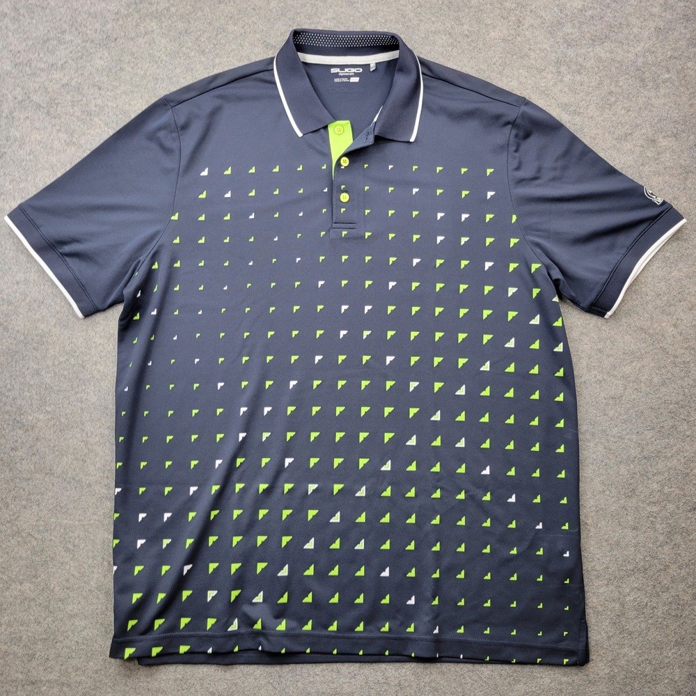 Sligo Mens Golf Polo Shirt XXL Navy Blue Lime Green Geometric Ivanhoe Logo 40342